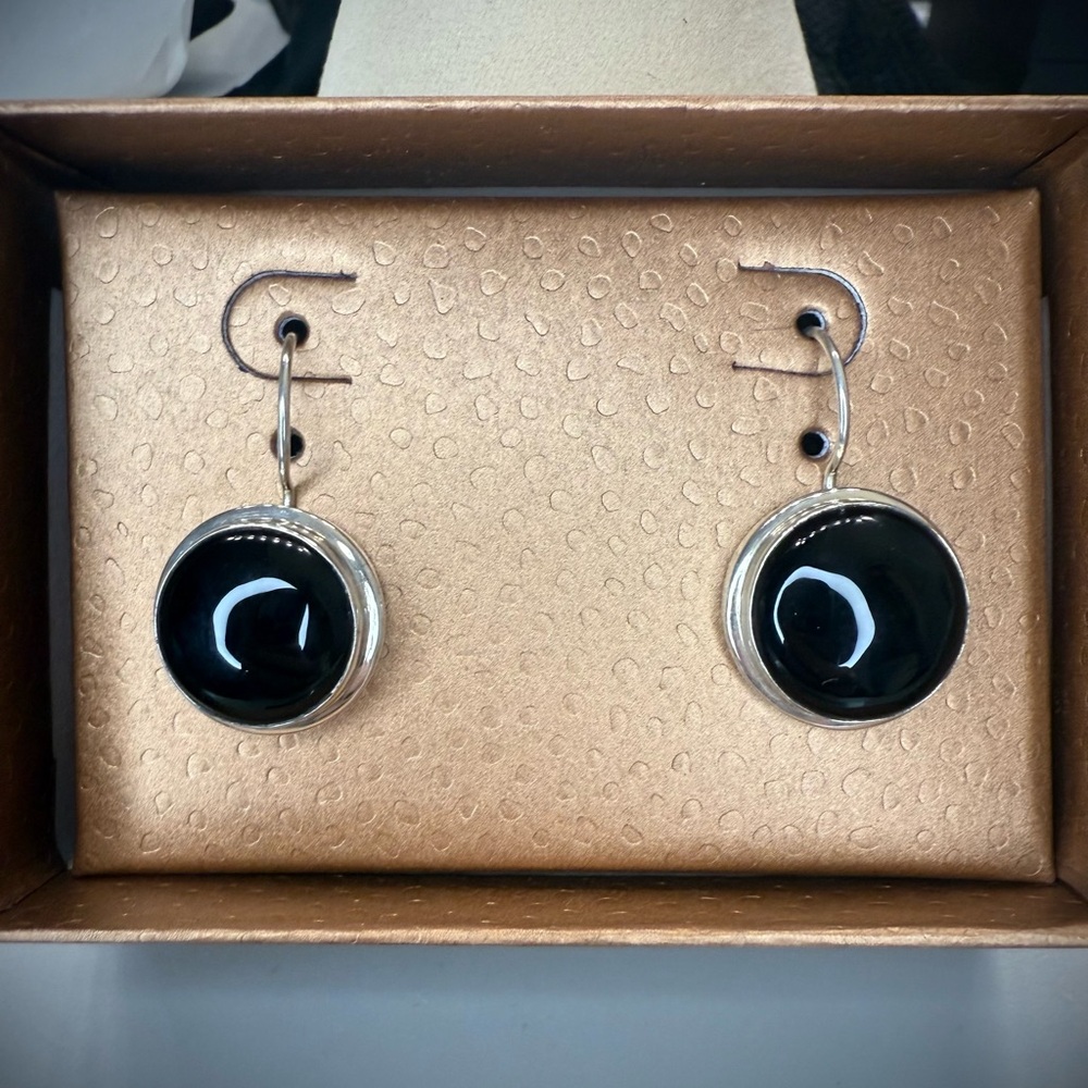 NIB Black Onyx Earrings Sterling Silver - 14mm Cabochon Dangle Drops